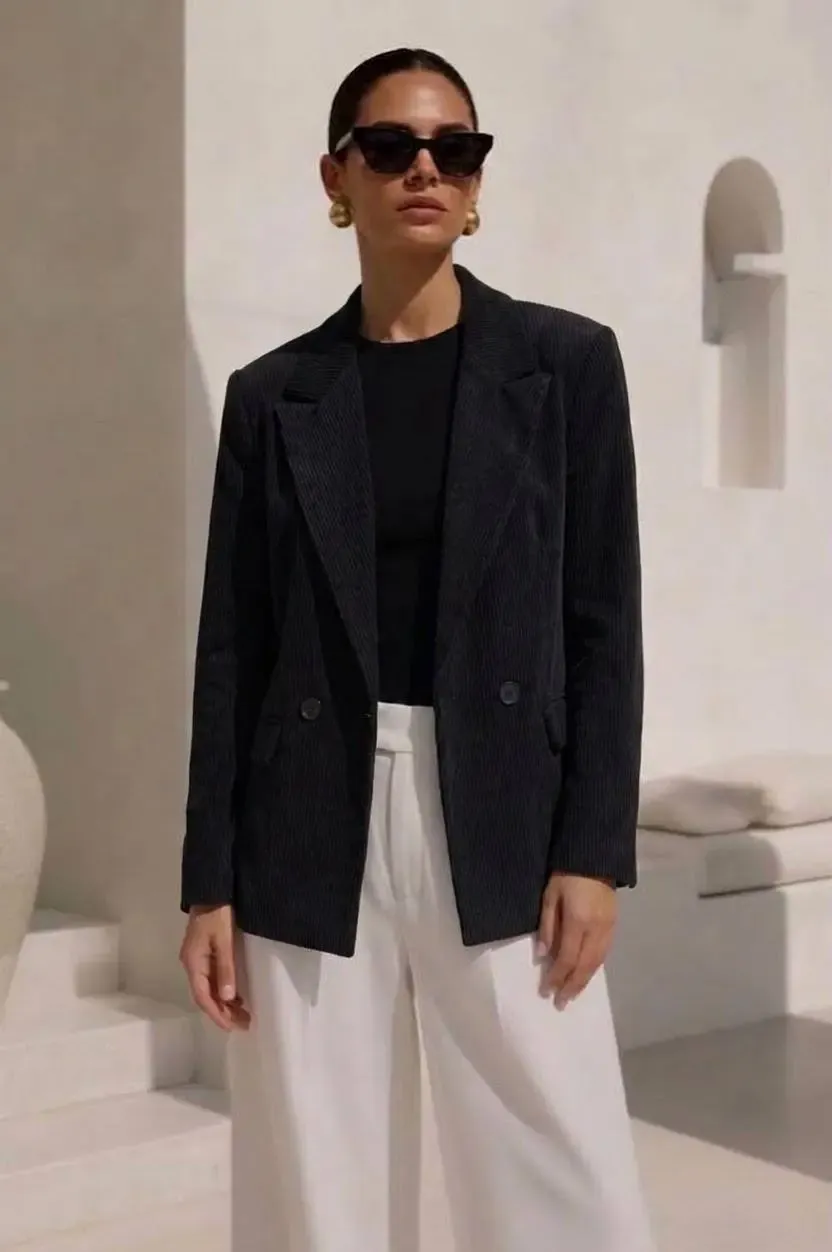 Fitilli Kadife Blazer Ceket Siyah