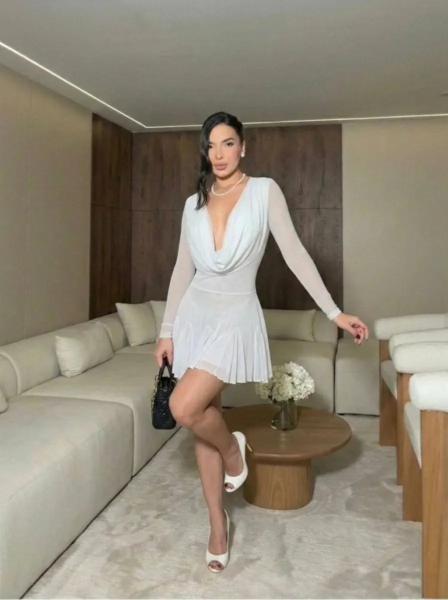 Full Likralı Cam Tül Kumaş Astarlı Mini Elbise Beyaz