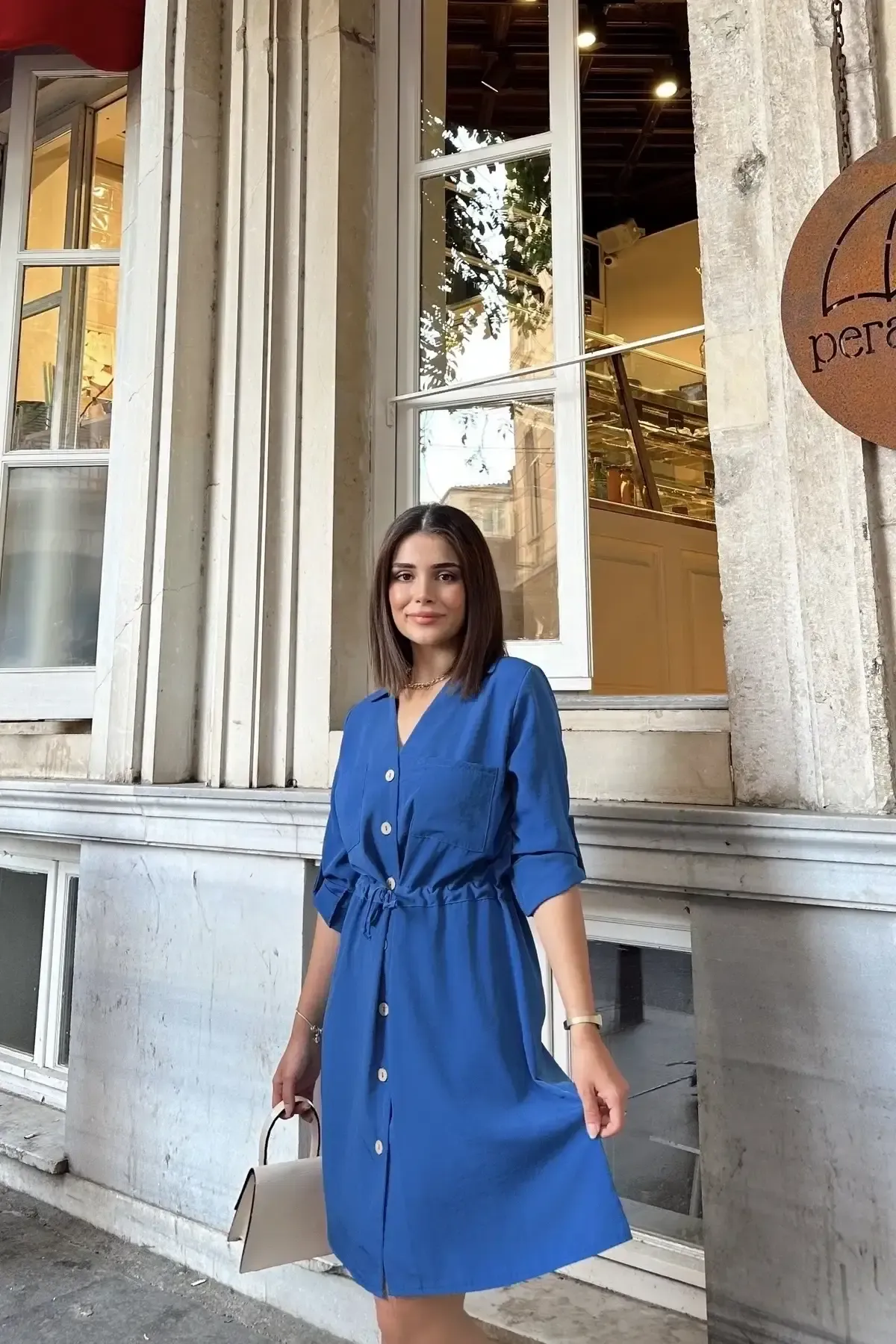 Gömlek Yaka Bel Bağlamalı Salaş Elbise-700-3411-mv