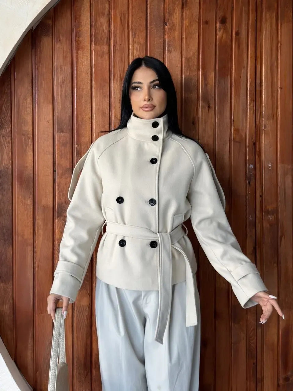 İthal Kaşe Bel Kuşaklı Trenç Mont Ekru