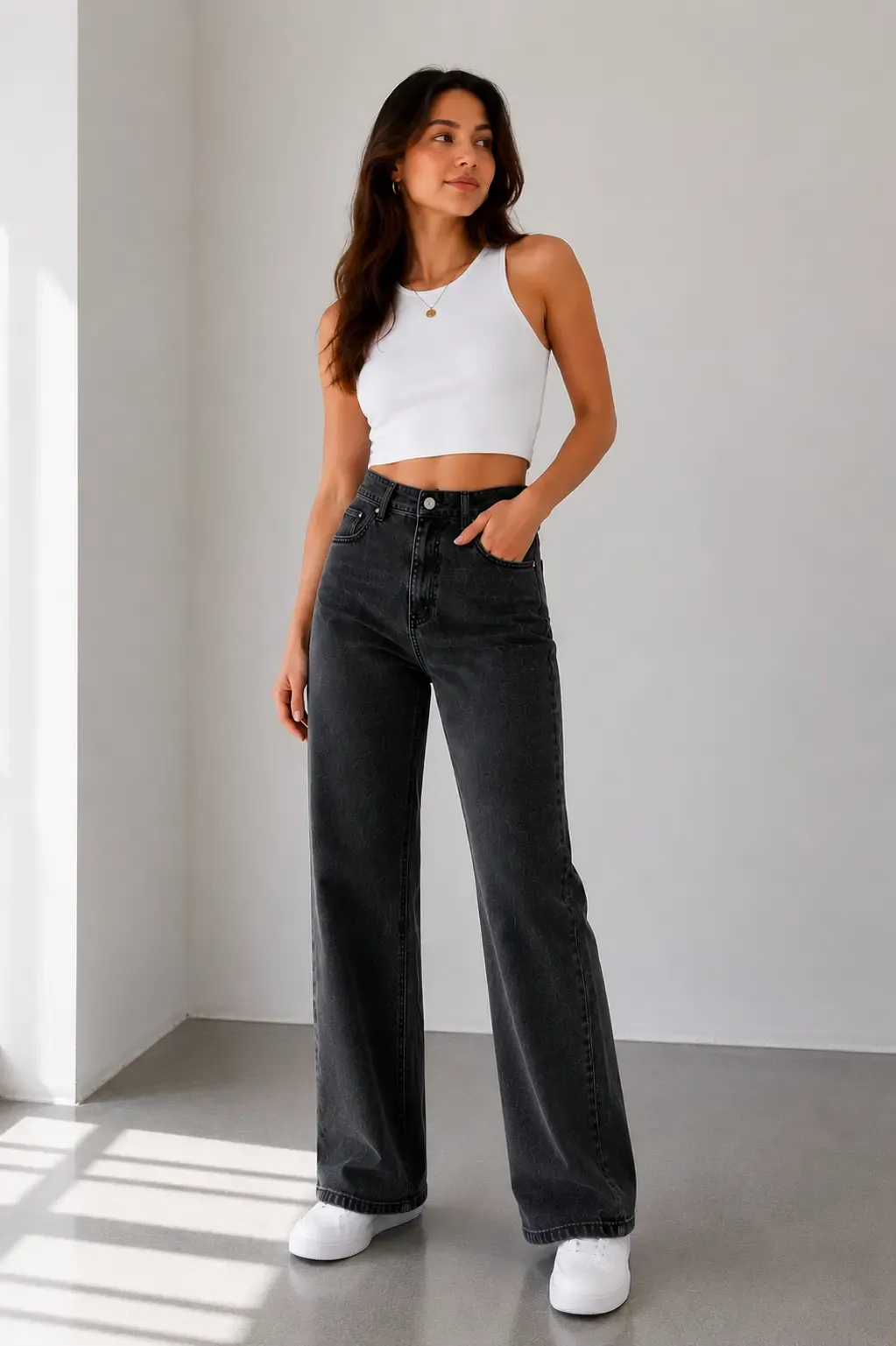 Kadın Antrasit Yüksek Bel Palazzo Denim Pantolon