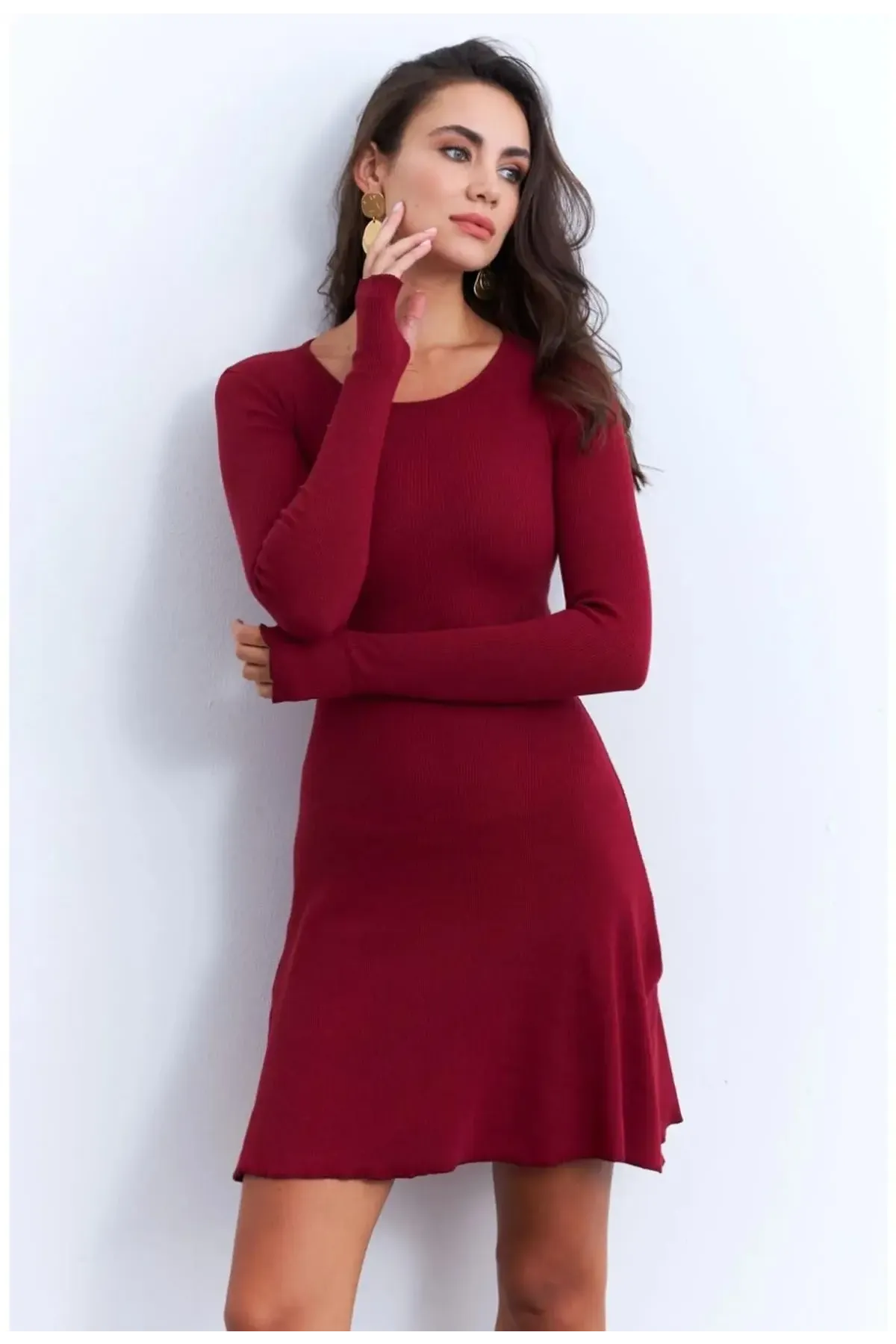 Kadın Bordo Bağlamalı Kaşkorse Mini Elbise-FRY2175_Bordo