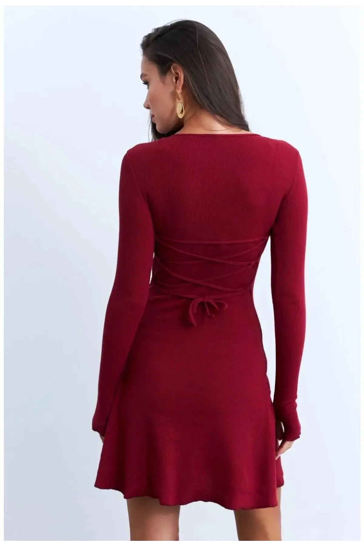 Kadın Bordo Bağlamalı Kaşkorse Mini Elbise-FRY2175_Bordo