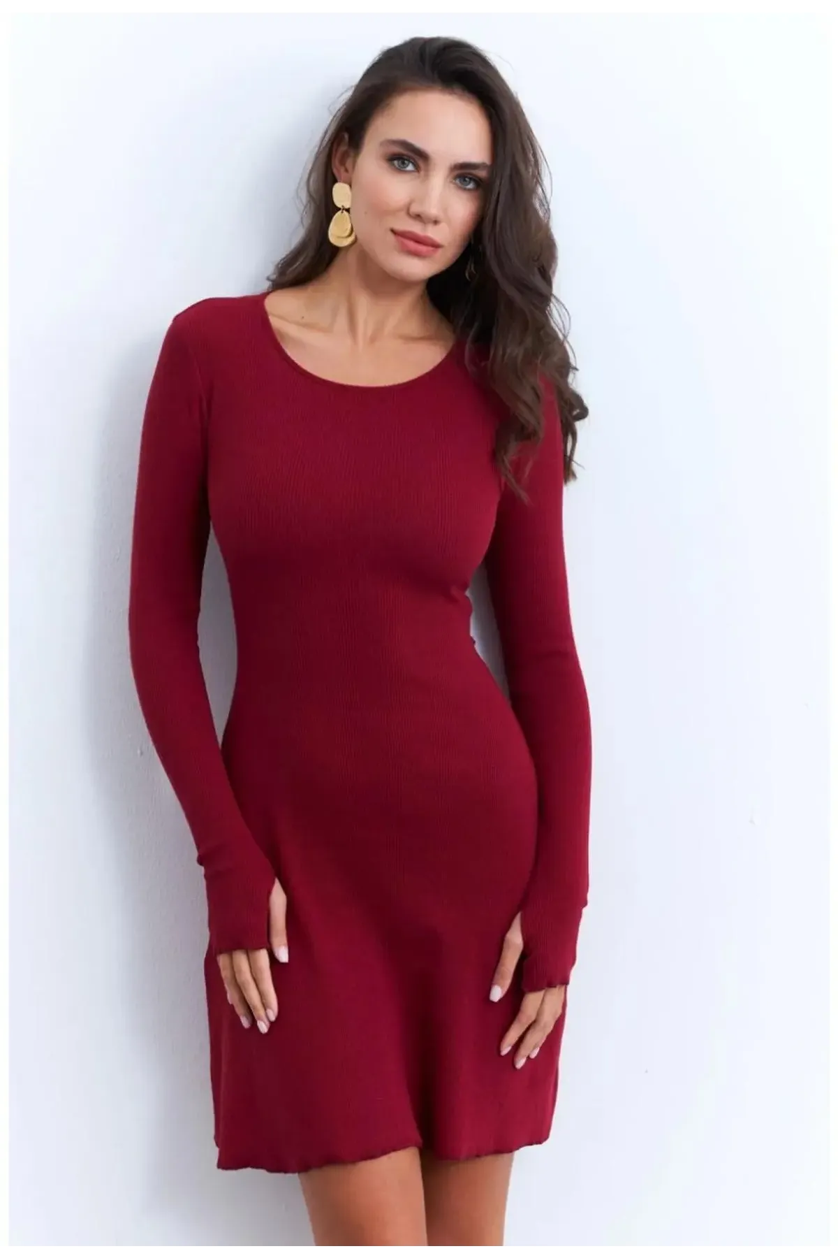 Kadın Bordo Bağlamalı Kaşkorse Mini Elbise-FRY2175_Bordo