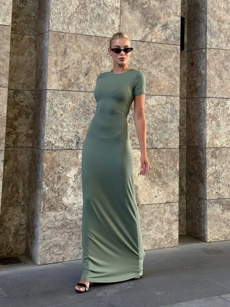 Kısa Kol Bisiklet Yaka Yeşil Elbise-zchelb9-ysl