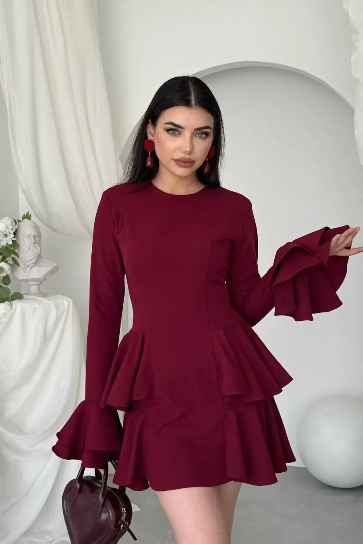 Kol Detay Mini Elbise Bordo