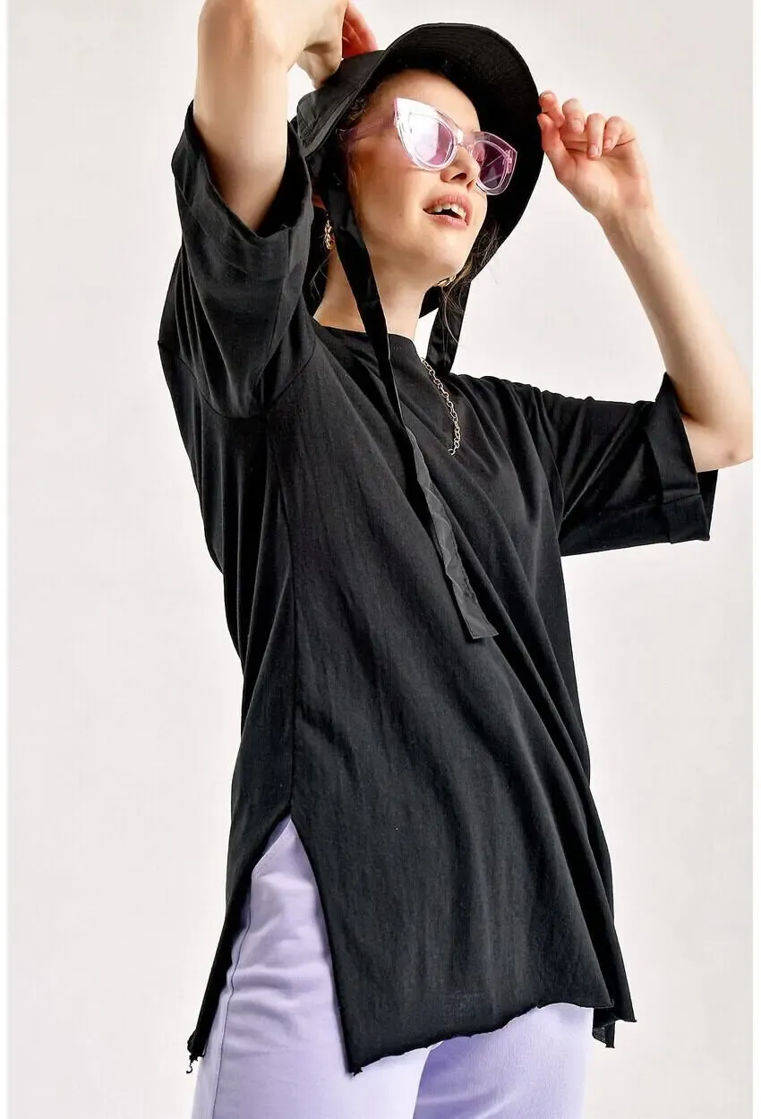 Kol Katlı Yırtmaçlı Salaş T-Shirt-4123BGD19-syh