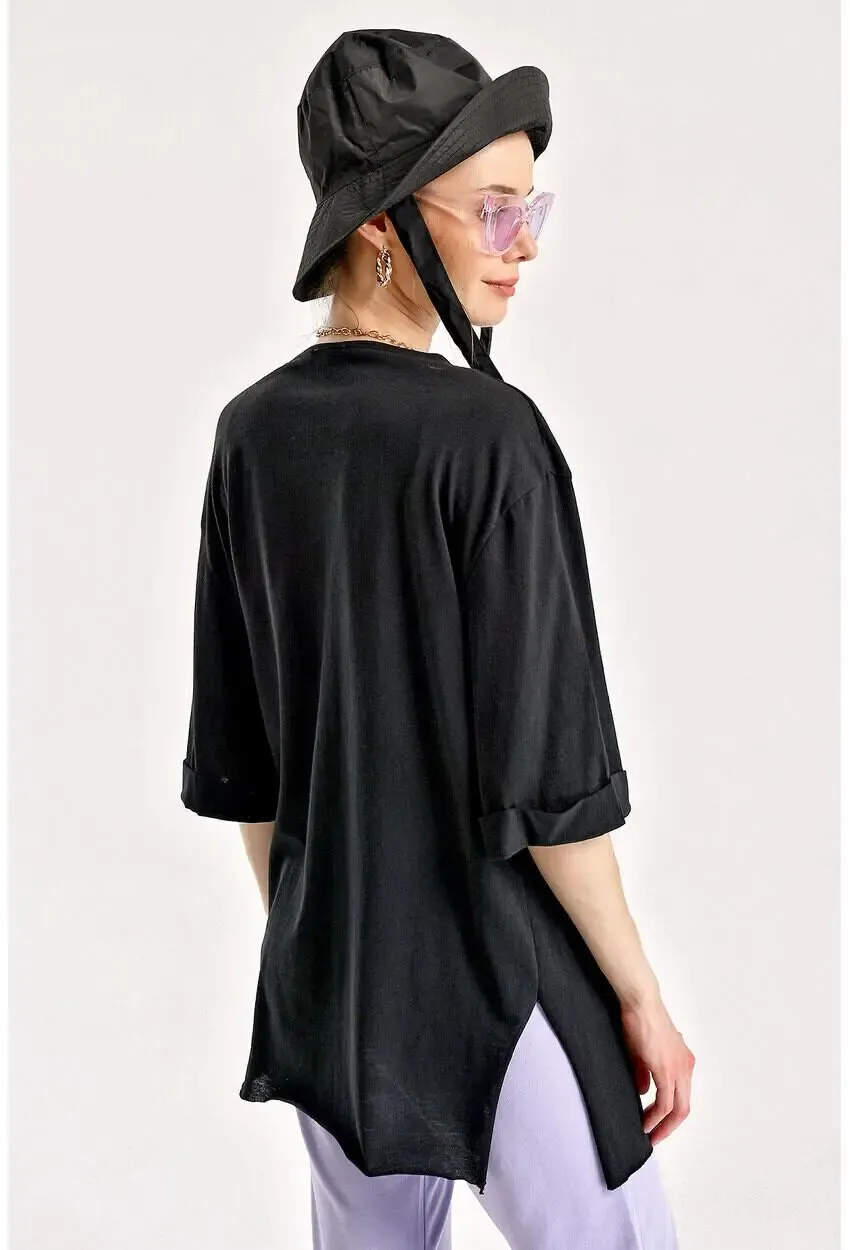 Kol Katlı Yırtmaçlı Salaş T-Shirt-4123BGD19-syh