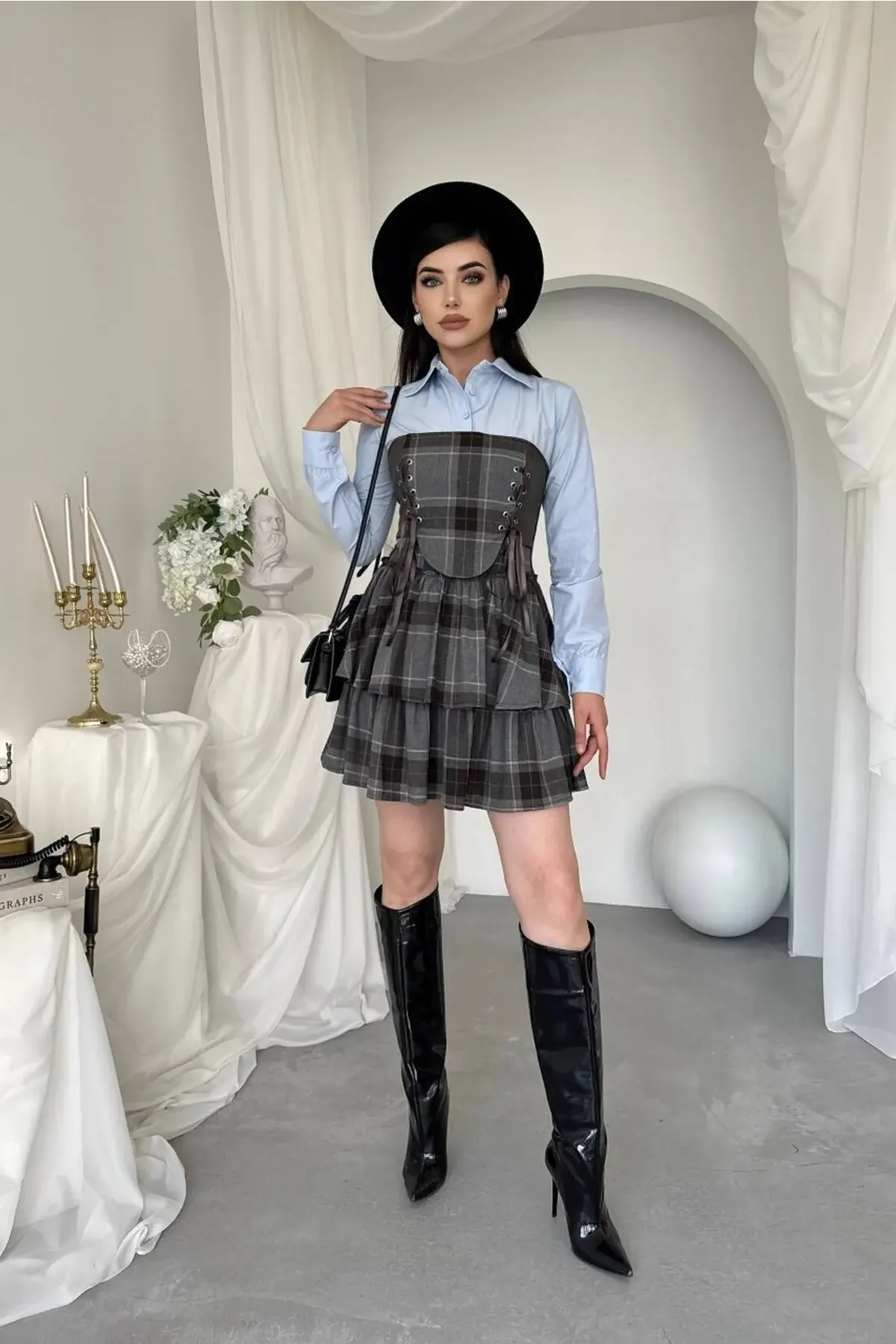 Korse Detaylı Ekose Mini Elbise Mavi