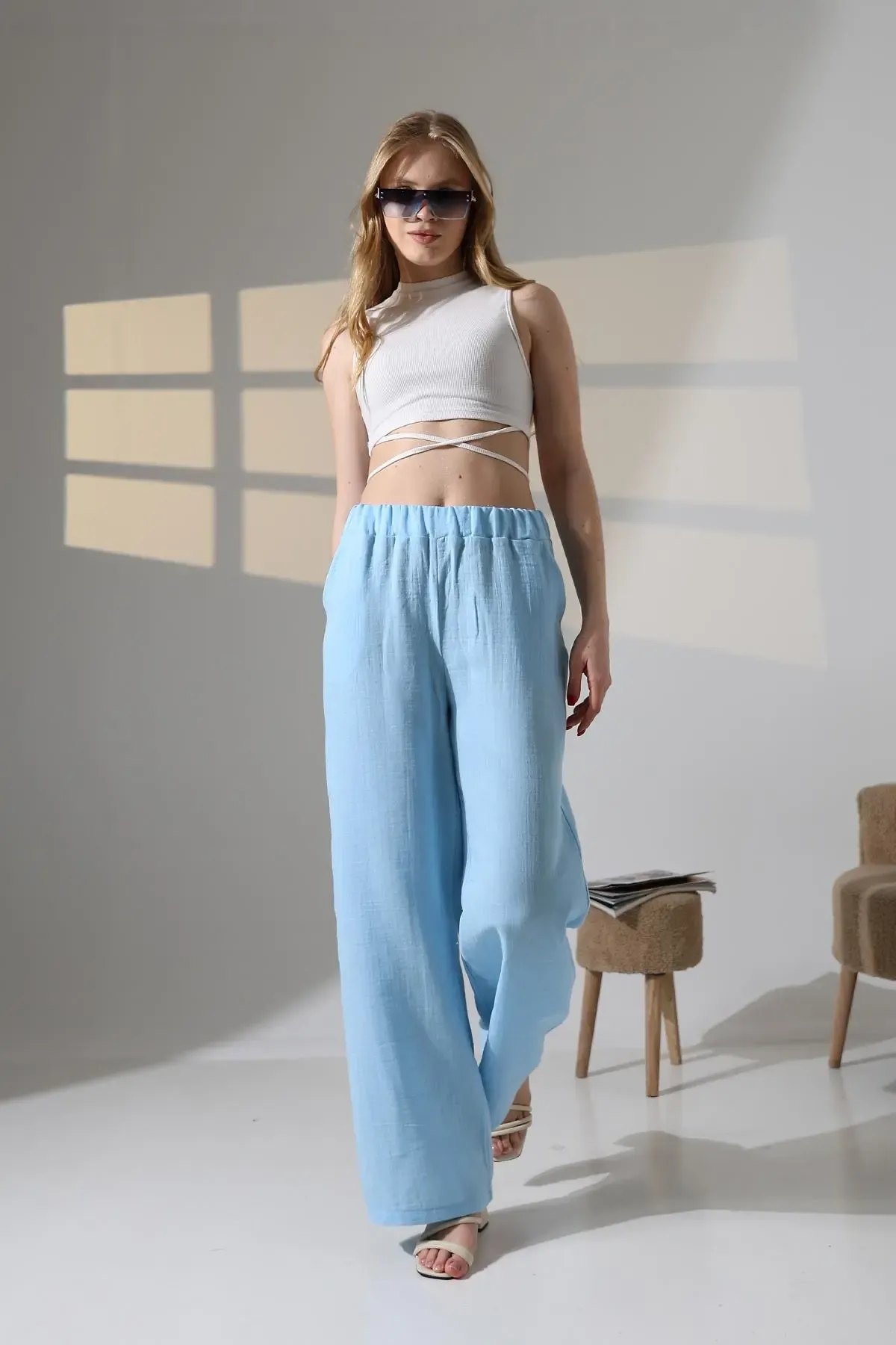 Müslin Kumaş Bol Paça Pantalon Ekru-dsbpnt1001-mv