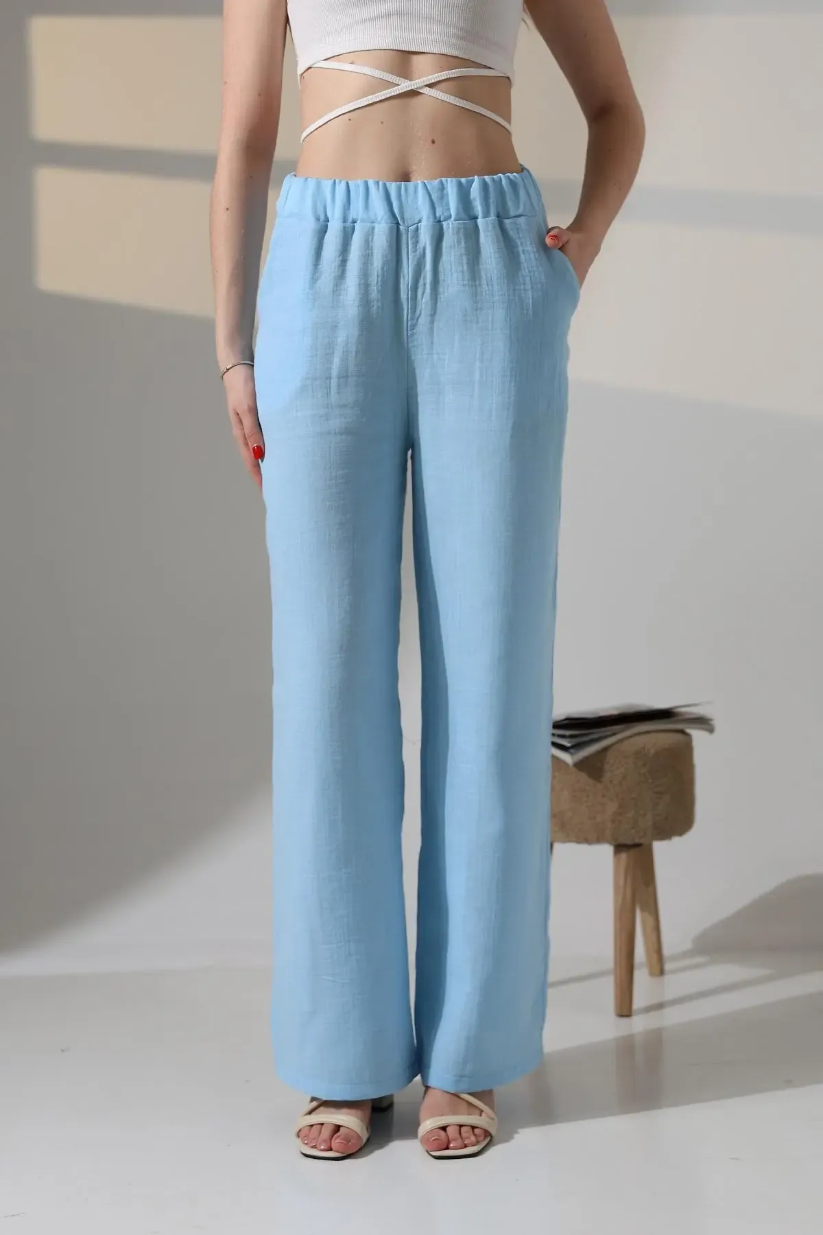 Müslin Kumaş Bol Paça Pantalon Ekru-dsbpnt1001-mv