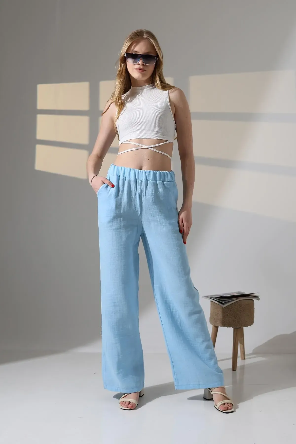 Müslin Kumaş Bol Paça Pantalon Ekru-dsbpnt1001-mv