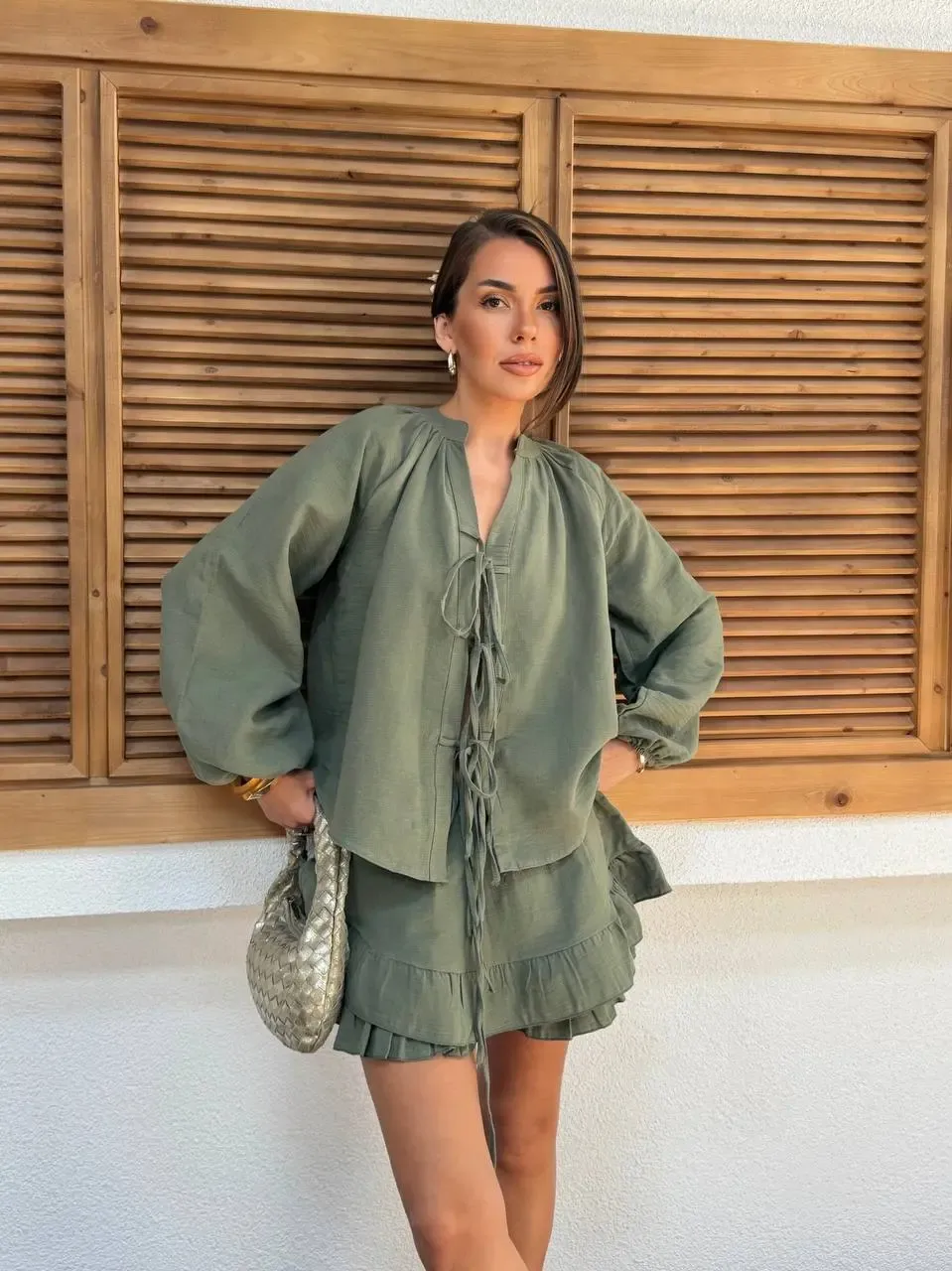 Müslin Kumaş Şort Etek ve Üst Tasarım Takım Haki