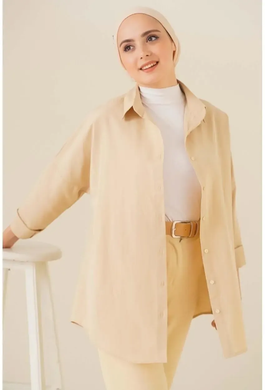 Oversize Basic Tesettür Gömlek Krem-103901-krm