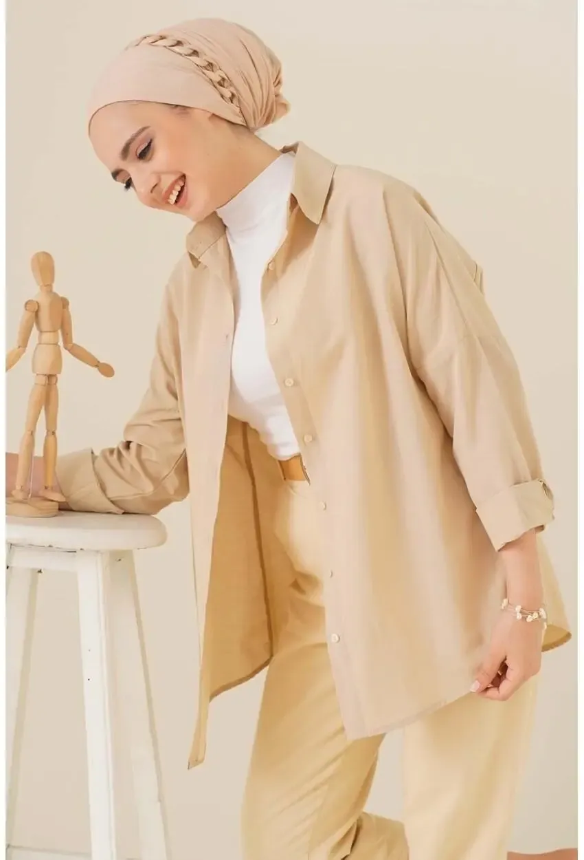 Oversize Basic Tesettür Gömlek Krem-103901-krm