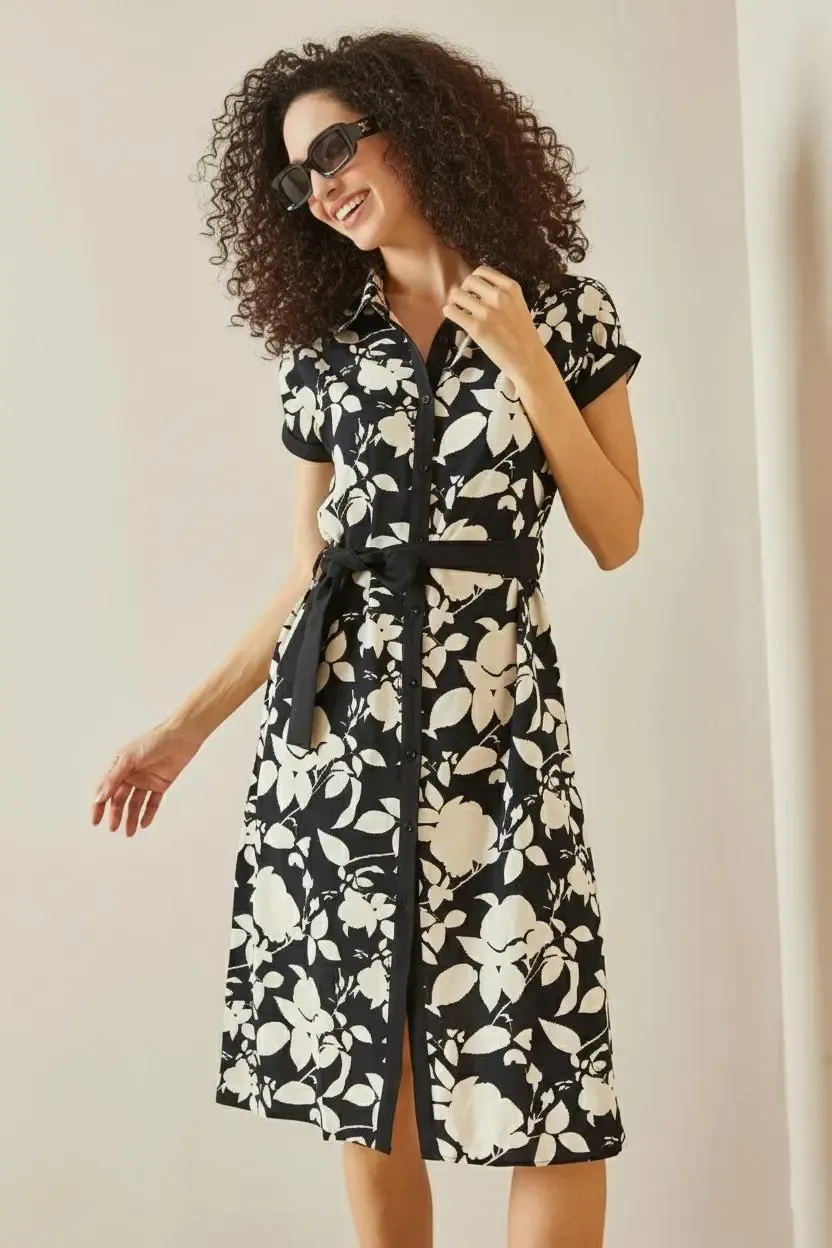 Polo Yaka Desenli Midi Elbise-P00013256-syh