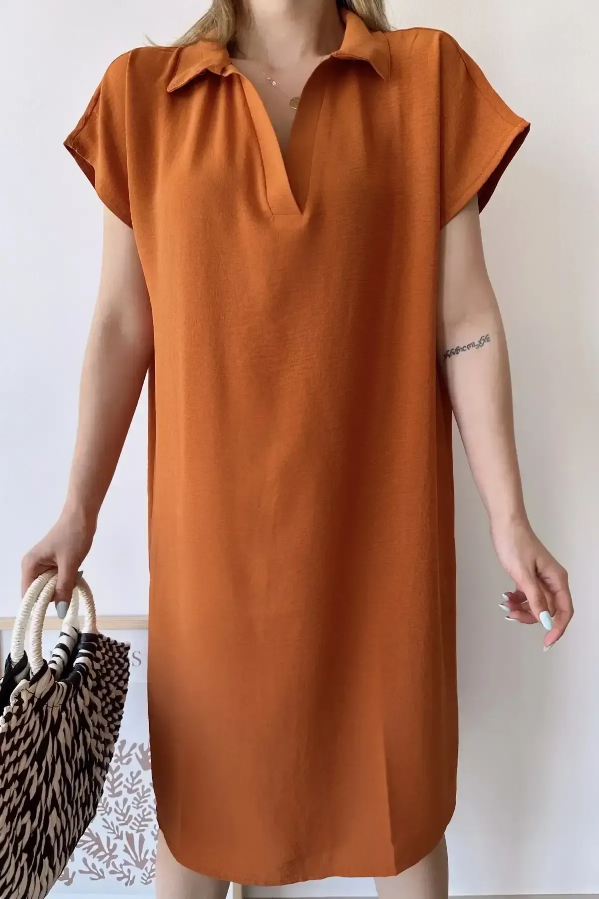 Polo Yaka Kısa Kol Elbise-700-2883-kr