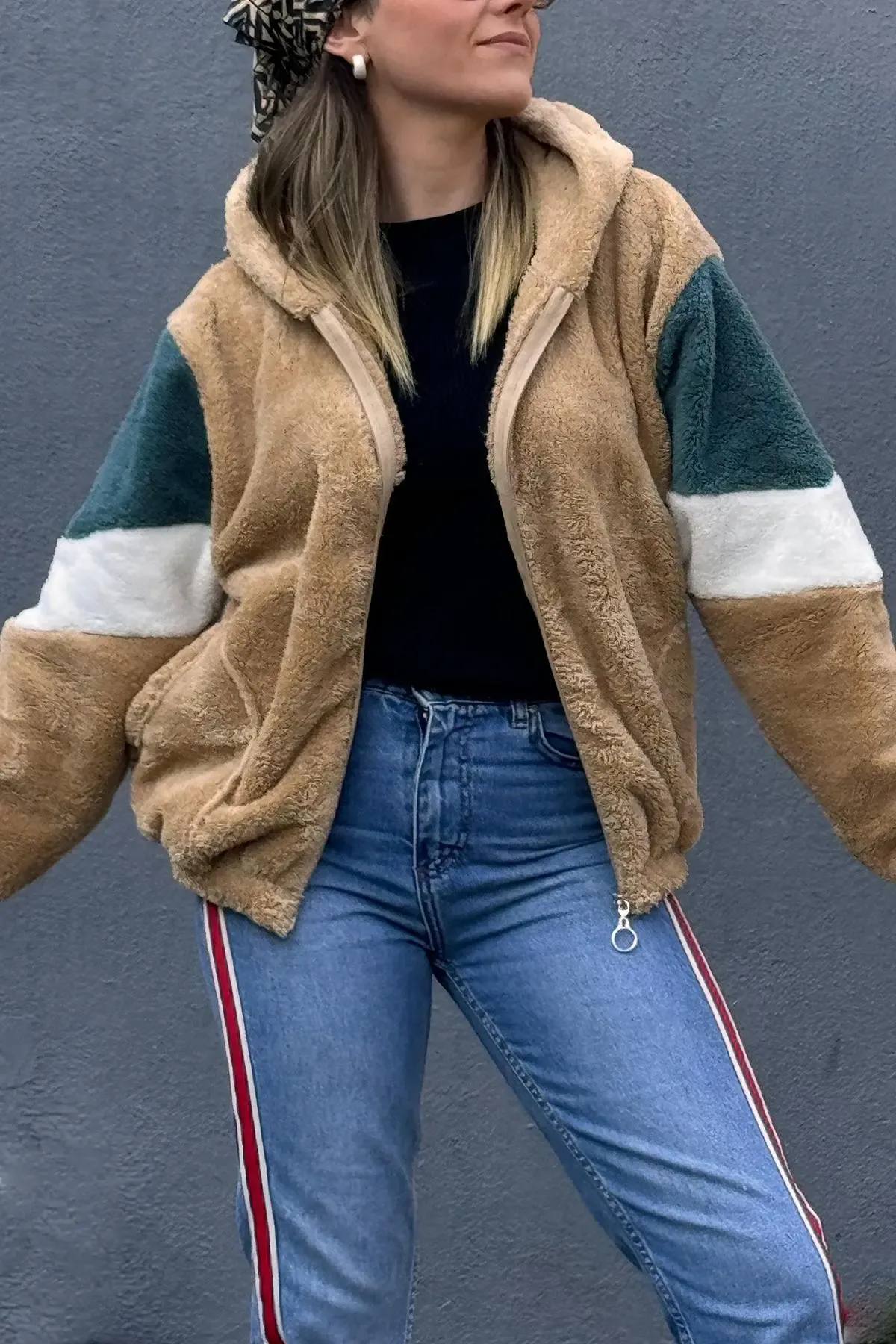 Renk Bloklu Bomber Polar Peluş Sweatshirt-P00012802-sr