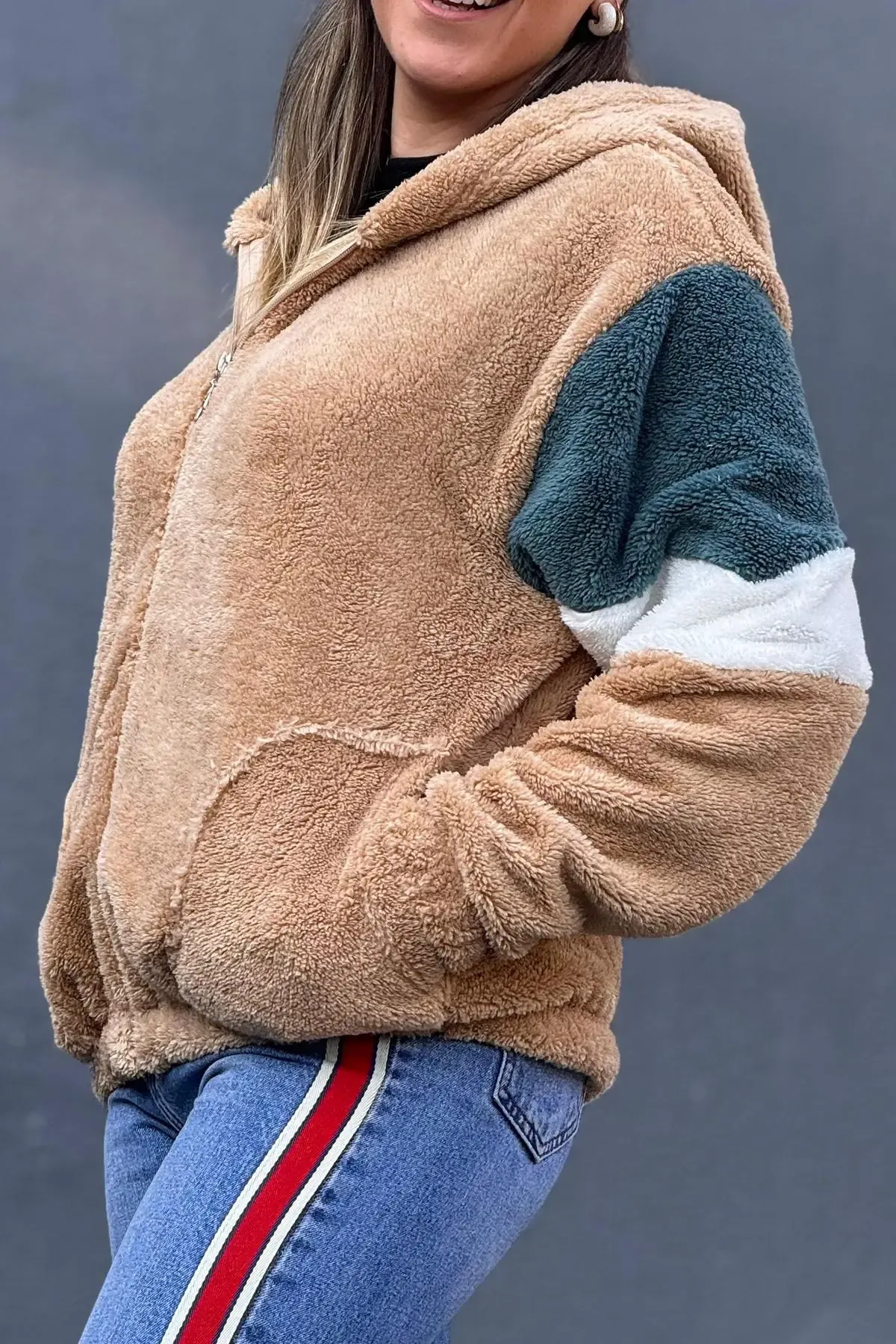 Renk Bloklu Bomber Polar Peluş Sweatshirt-P00012802-sr