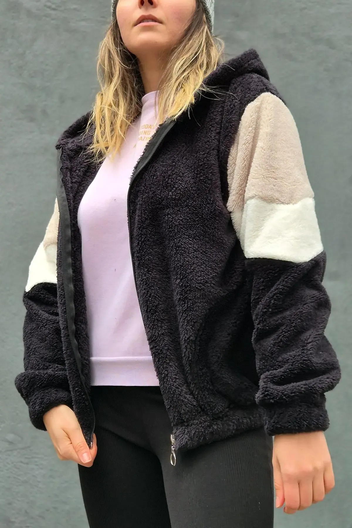 Renk Bloklu Bomber Polar Peluş Sweatshirt-P00012815