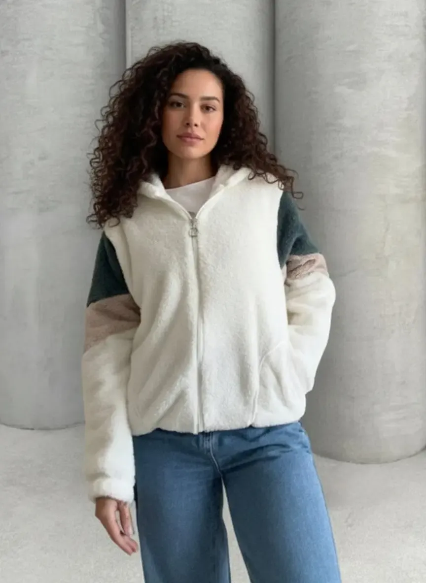 Renk Bloklu Bomber Polar Peluş Sweatshirt-P00013271-ekr