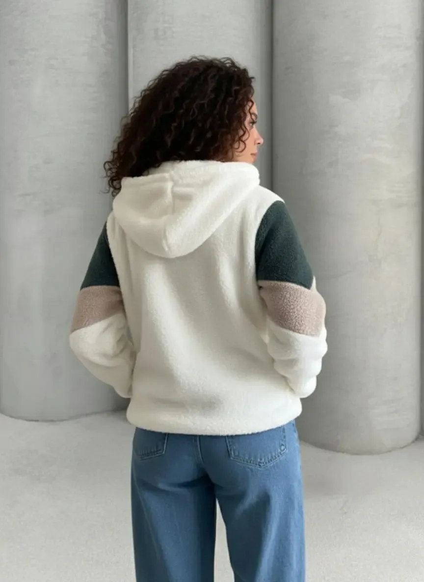 Renk Bloklu Bomber Polar Peluş Sweatshirt-P00013271-ekr