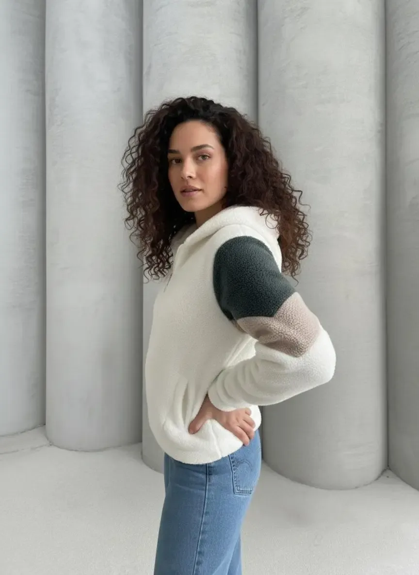 Renk Bloklu Bomber Polar Peluş Sweatshirt-P00013271-ekr