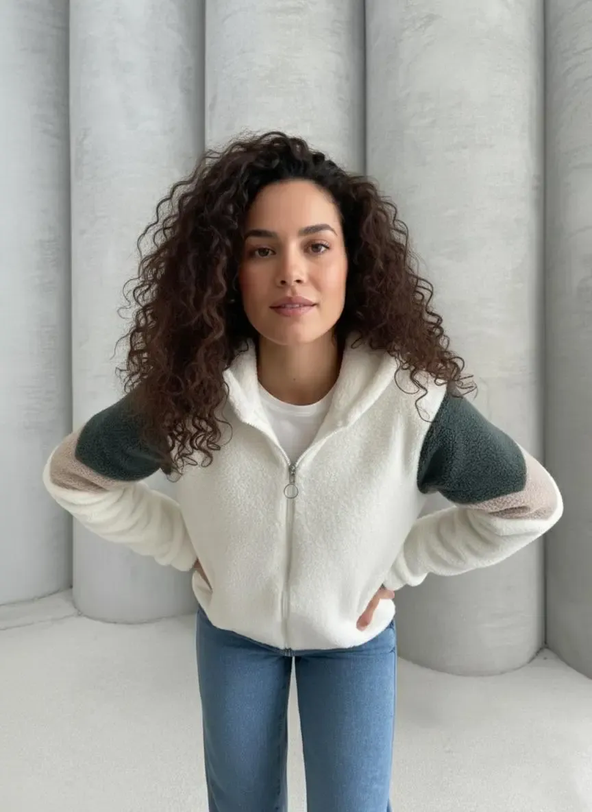 Renk Bloklu Bomber Polar Peluş Sweatshirt-P00013271-ekr