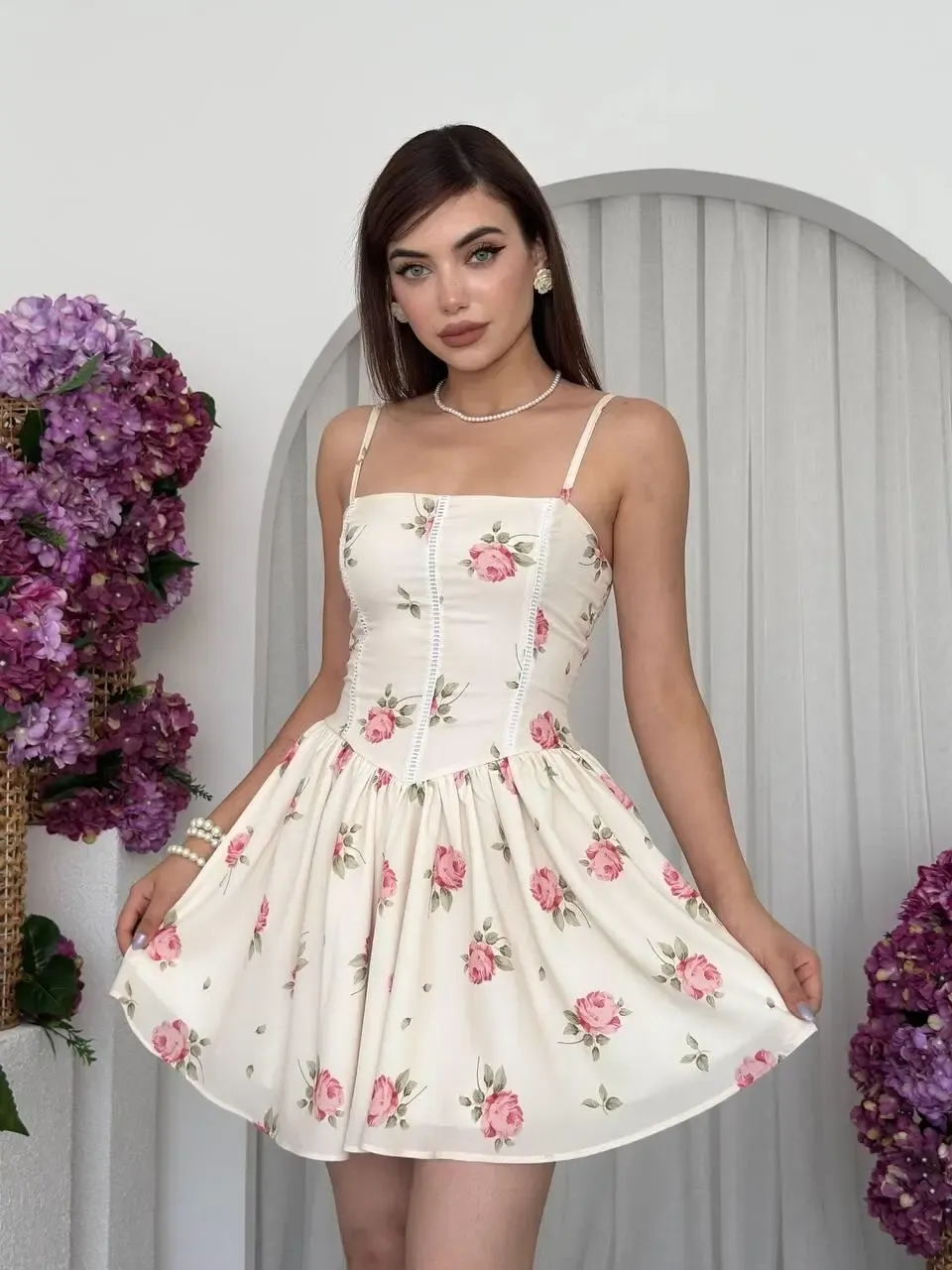Renkli Çiçek Desenli Kısa Mini Dokuma Elbise