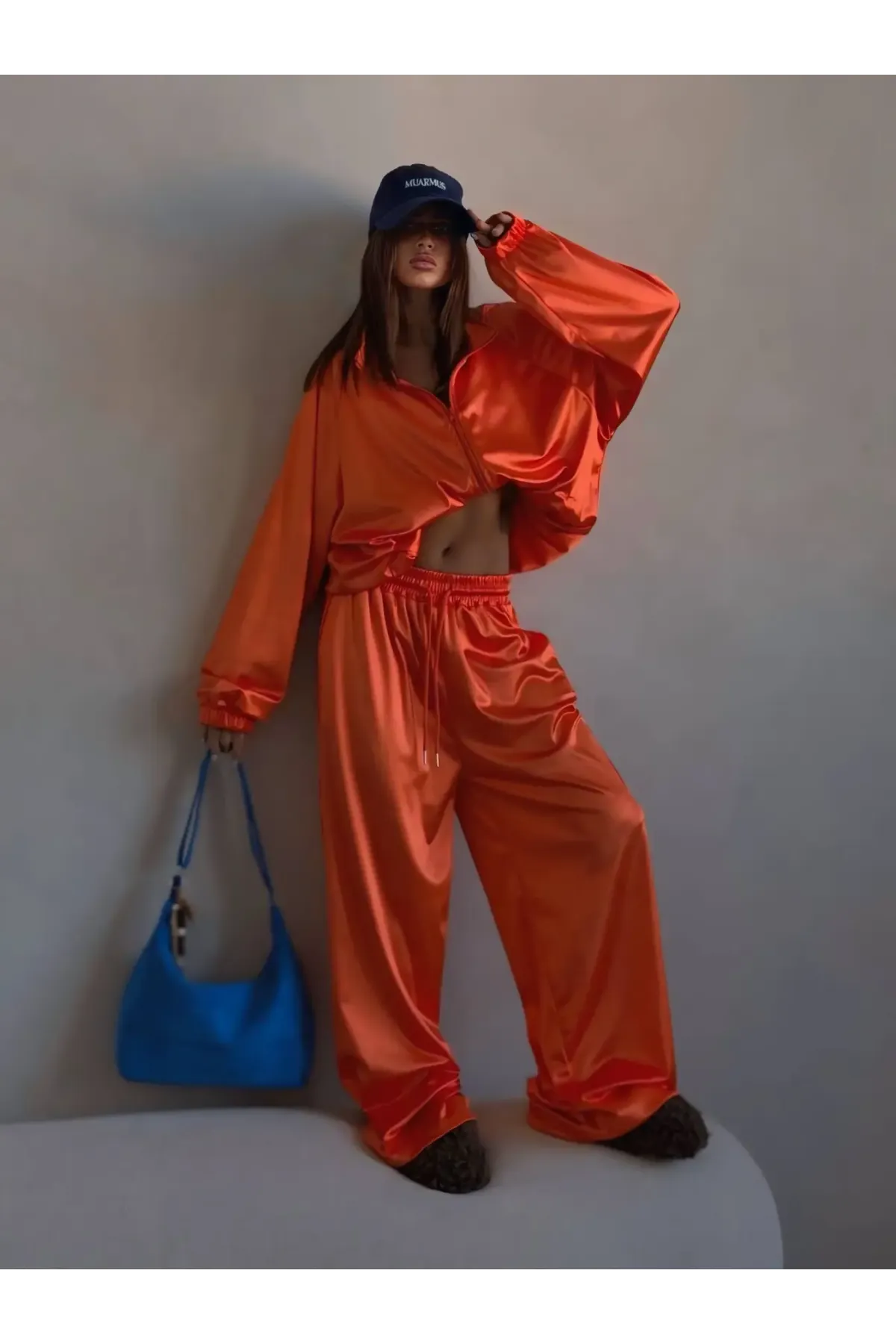 Saten Kumaş Oversize Alt Üst Takım Turuncu