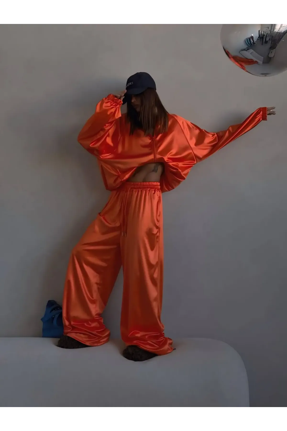 Saten Kumaş Oversize Alt Üst Takım Turuncu