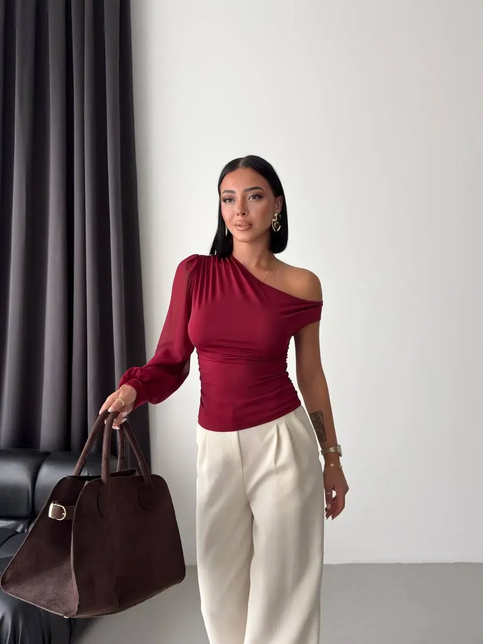 Şifon Kol Detay Sandy Kumaş Bluz Bordo