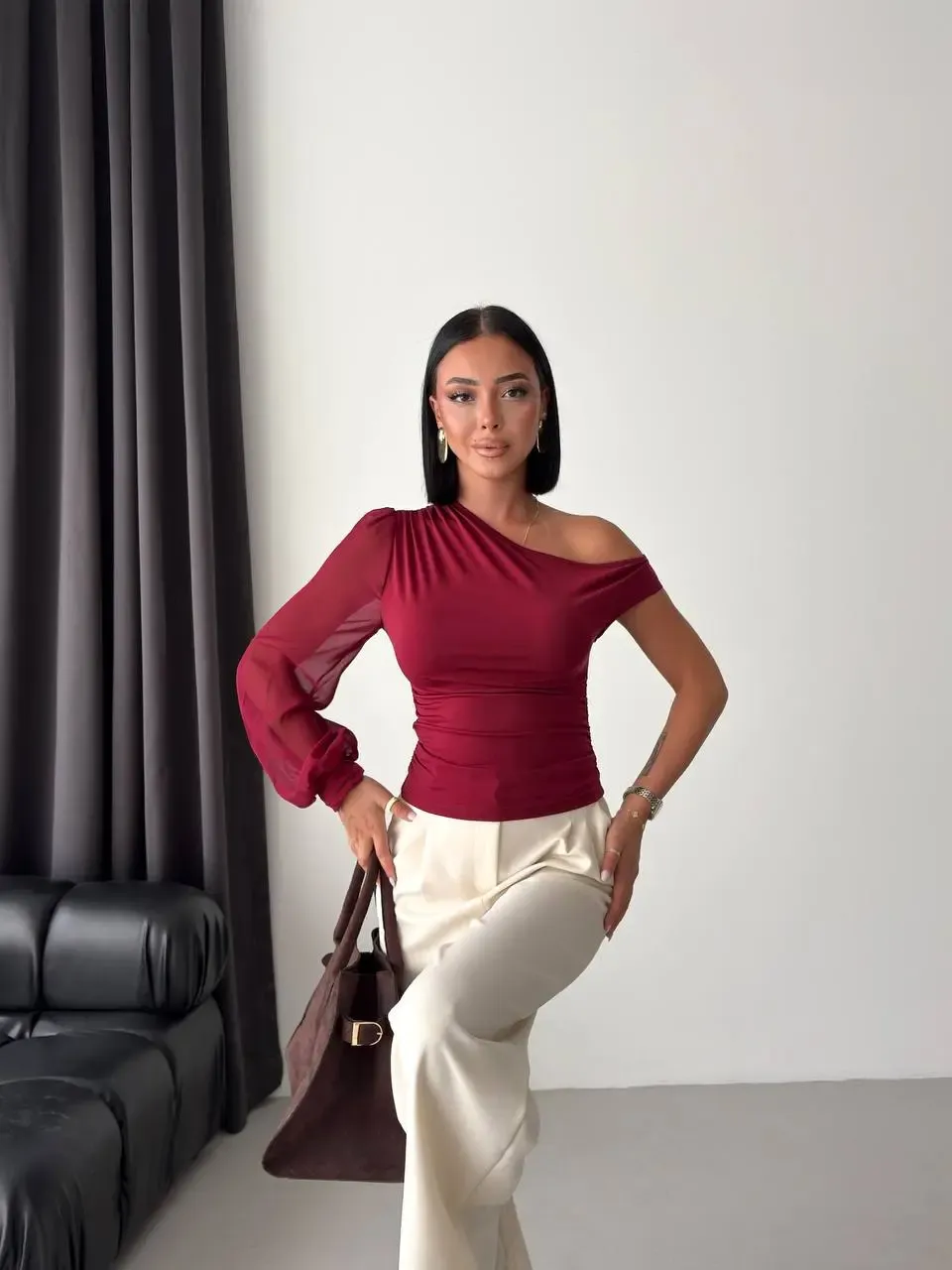 Şifon Kol Detay Sandy Kumaş Bluz Bordo