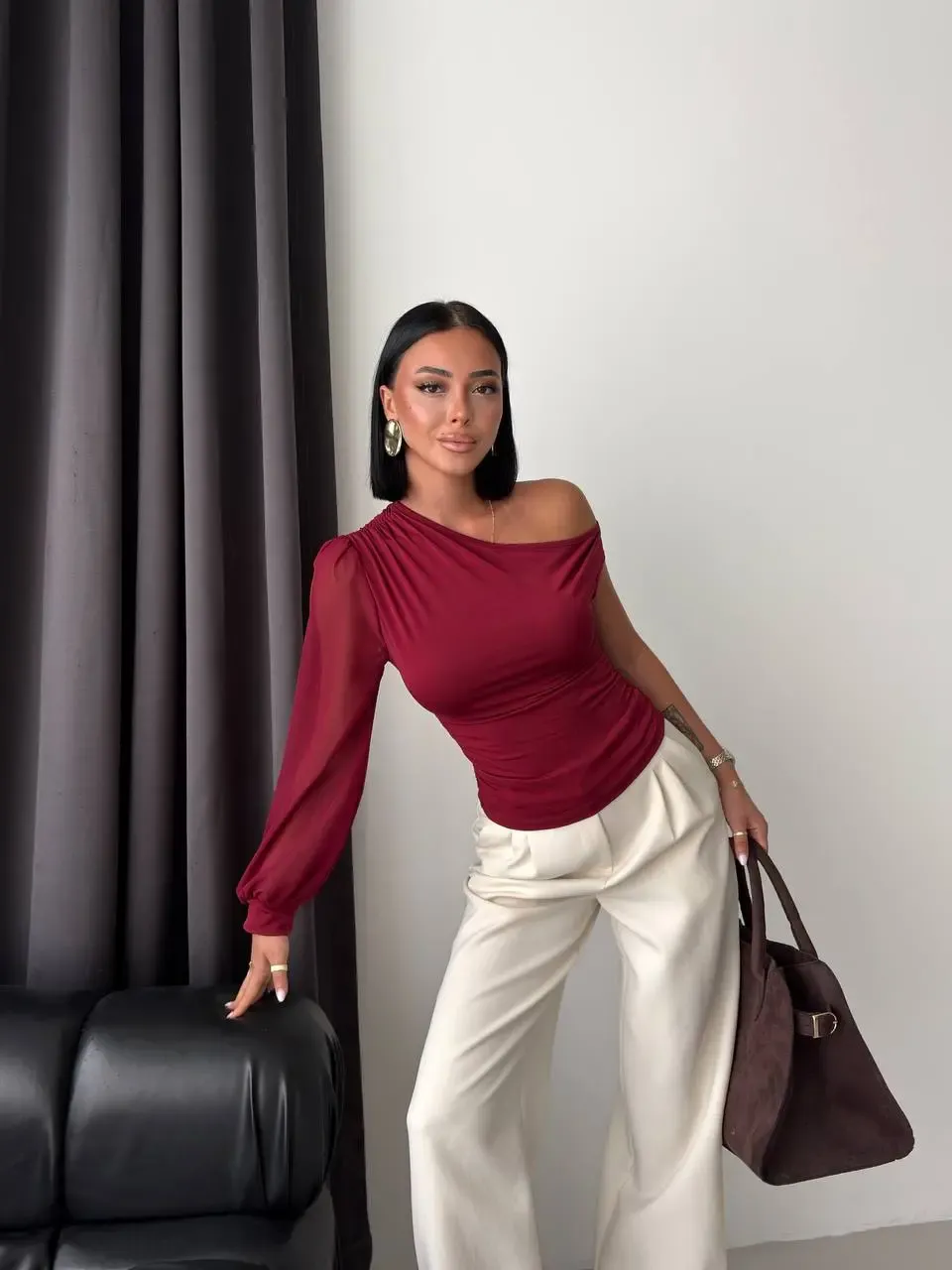 Şifon Kol Detay Sandy Kumaş Bluz Bordo