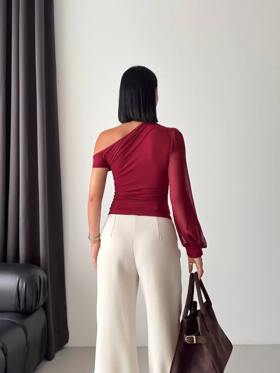 Şifon Kol Detay Sandy Kumaş Bluz Bordo