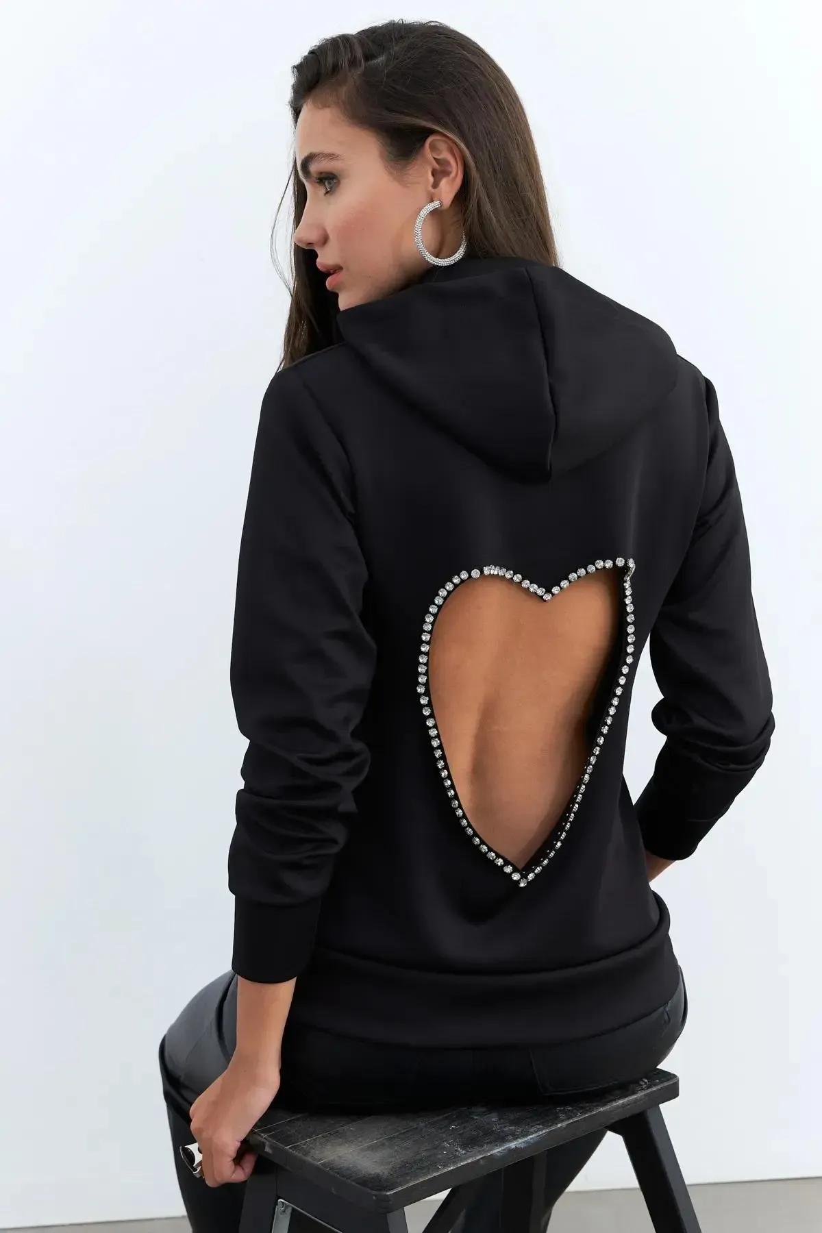 Sırt Kalp Detay Kapşonlu Sweatshirt-urtcrl1001-syh