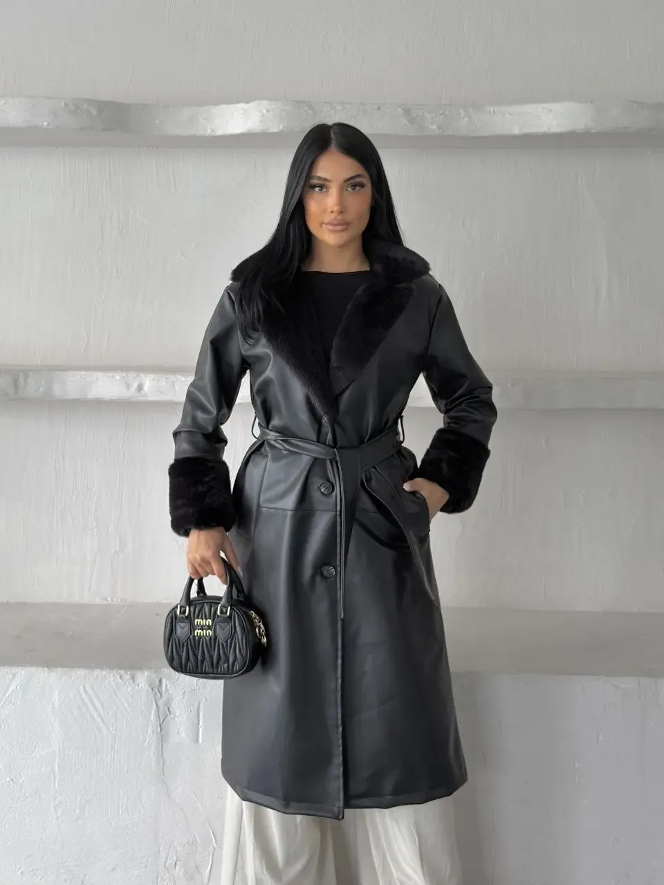 Tavşan Kürk Yaka Deri Trenç Mont