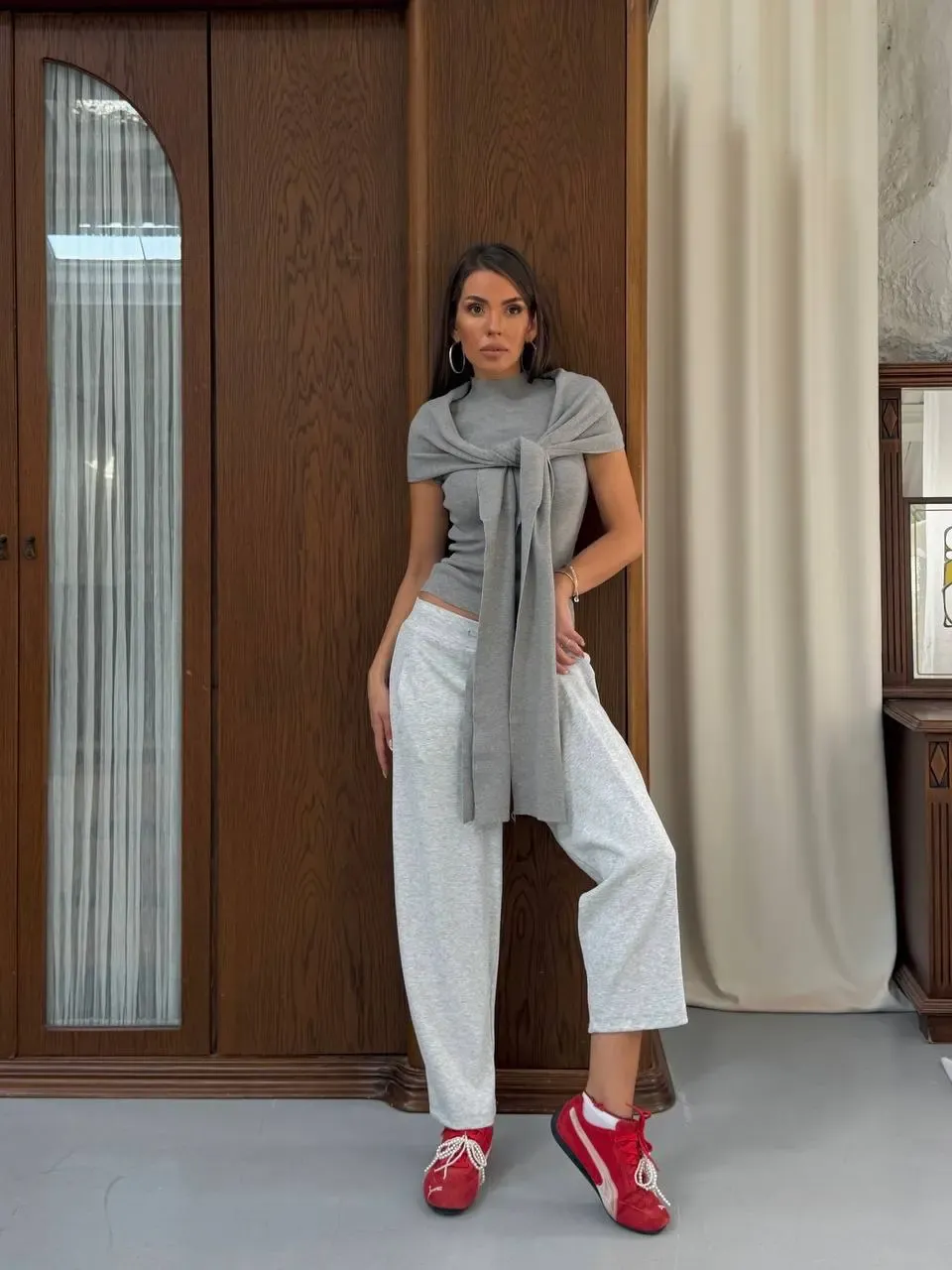 Triko Bluz ve Şal Set Gri