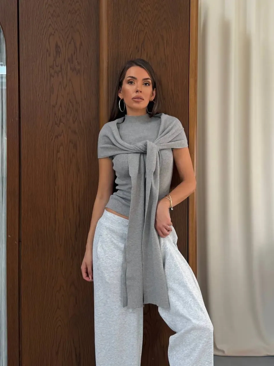 Triko Bluz ve Şal Set Gri