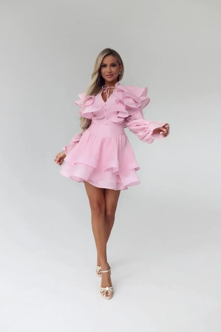 Volan Detaylı Mini Elbise Pembe