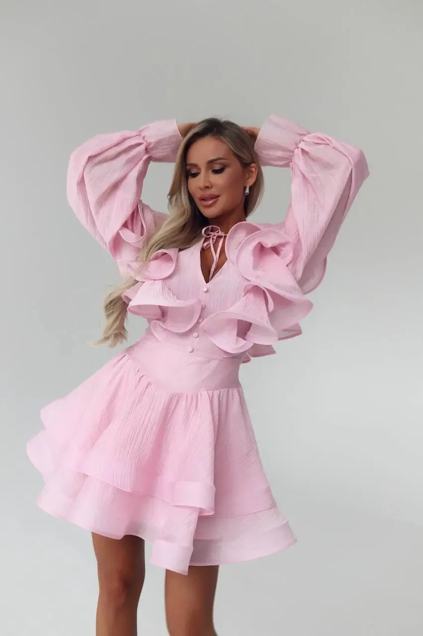 Volan Detaylı Mini Elbise Pembe