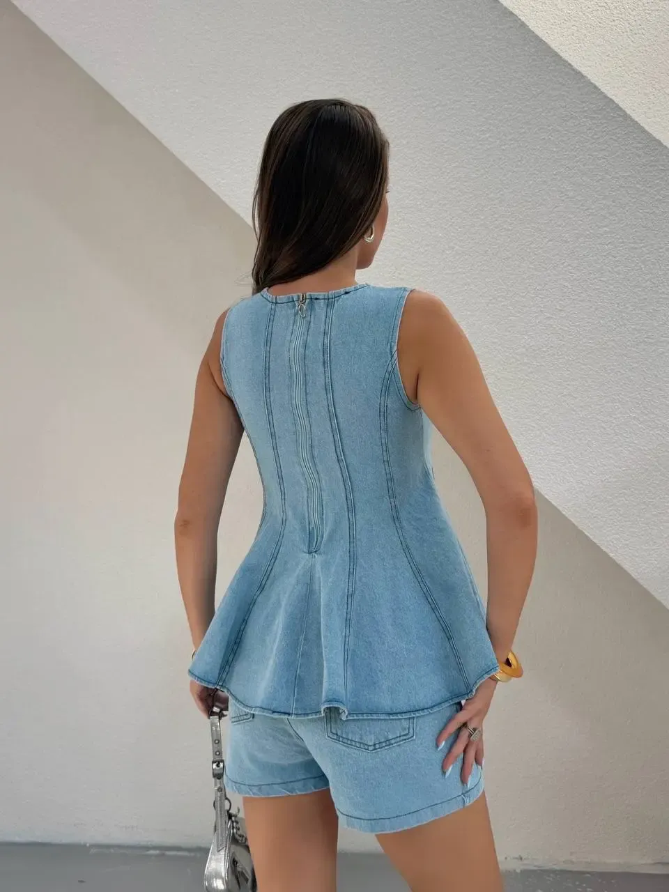 Volanlı Bluz Şort Denim Takım Açık Mavi