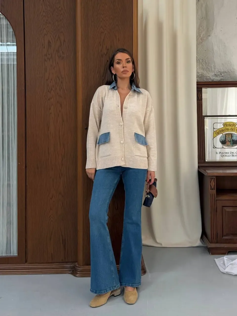 Yaka Denim Detay Triko Hırka Ekru