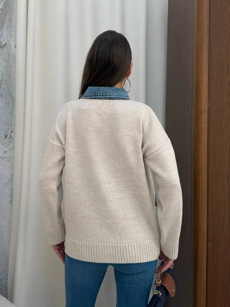 Yaka Denim Detay Triko Hırka Ekru