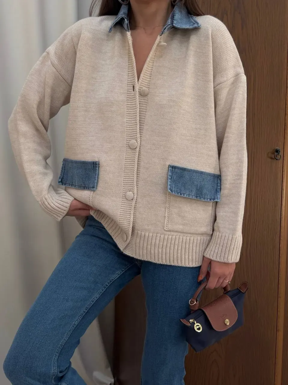 Yaka Denim Detay Triko Hırka Ekru