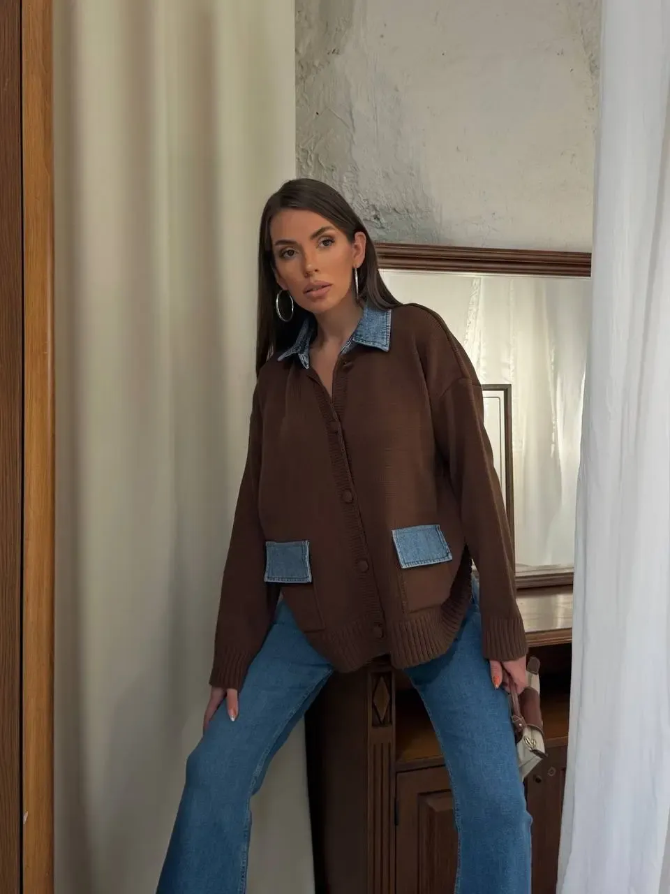Yaka Denim Detay Triko Hırka Kahve