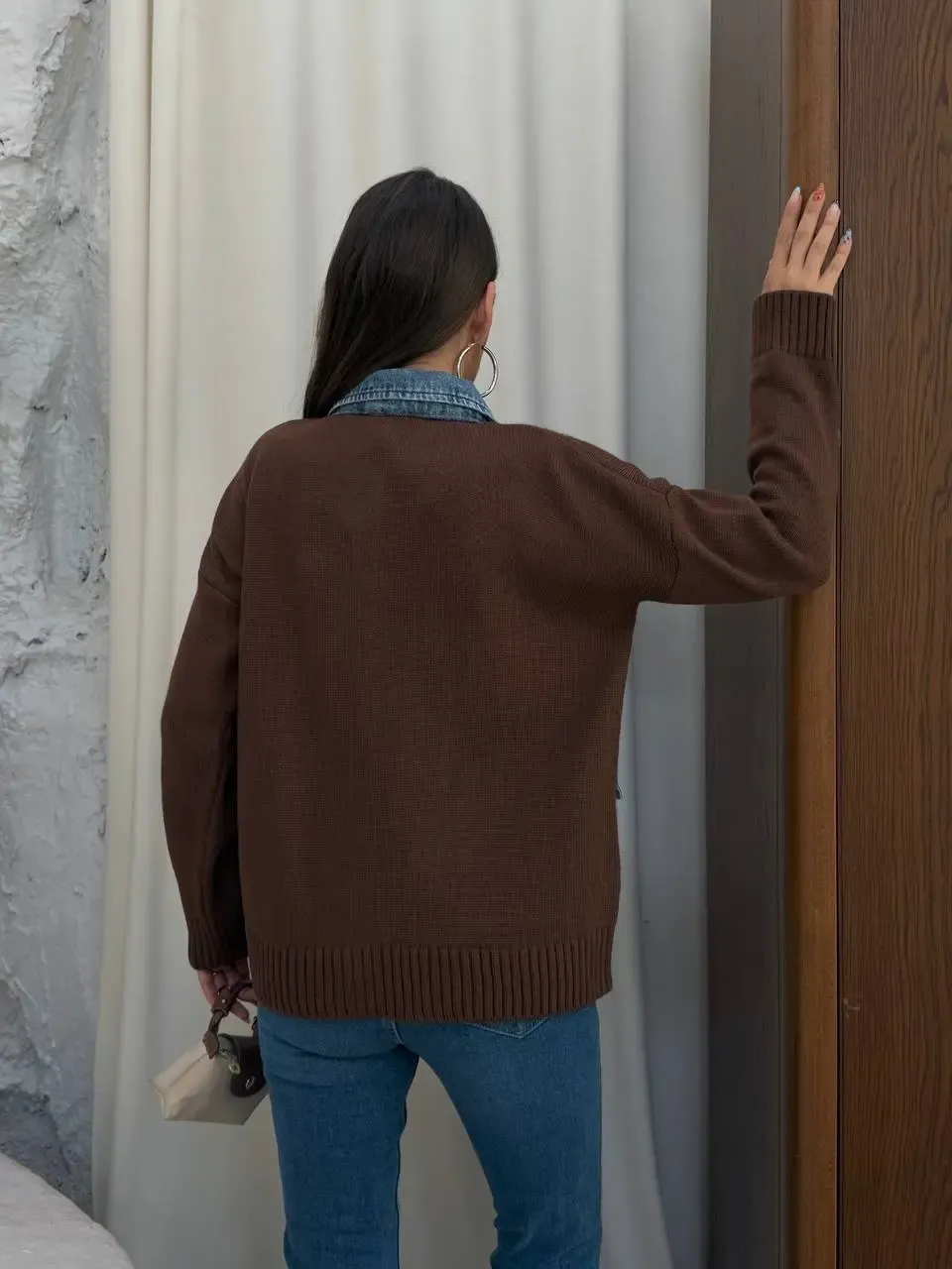 Yaka Denim Detay Triko Hırka Kahve