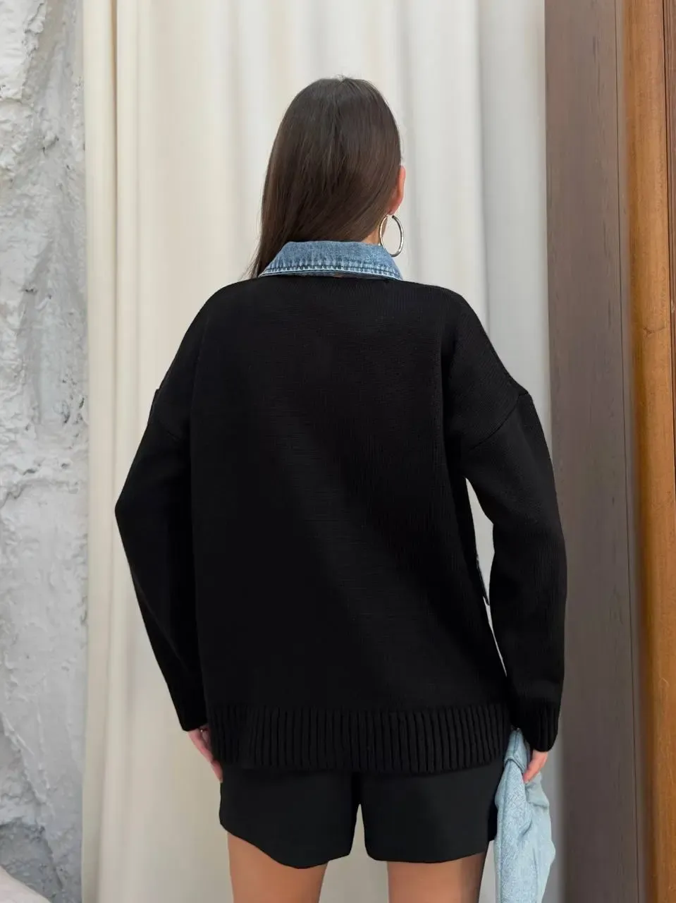 Yaka Denim Detay Triko Hırka Siyah