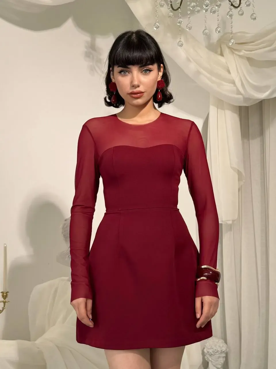 Yaka Tül Detay Mini Elbise Bordo