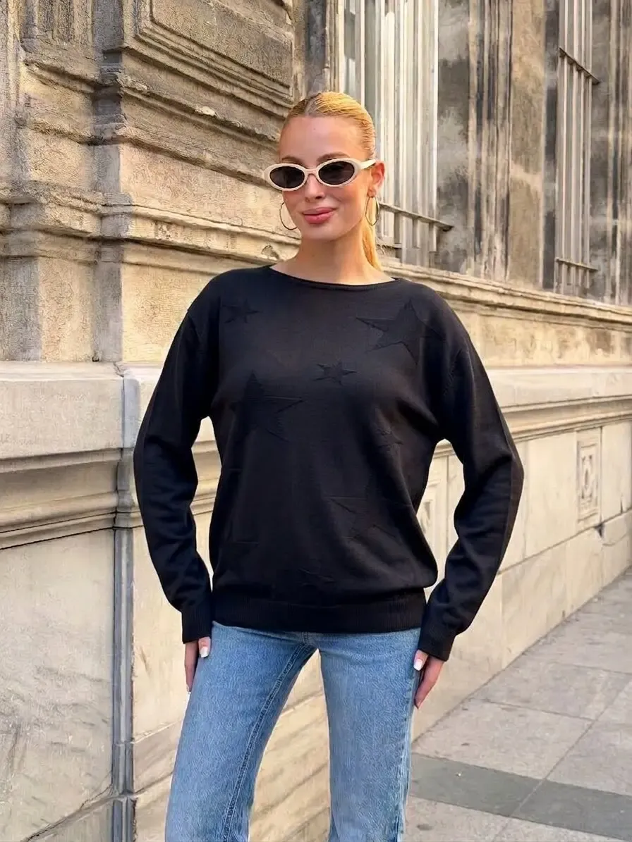 Yıldız Desenli Triko Bluz Siyah